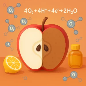 Freshly cut apple showing oxidation with one half brown and one half white, lemon slice, honey jar, and oxygen molecules in background.